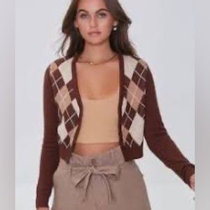 Cropped Brown Argyle Cardigan from Forever 21